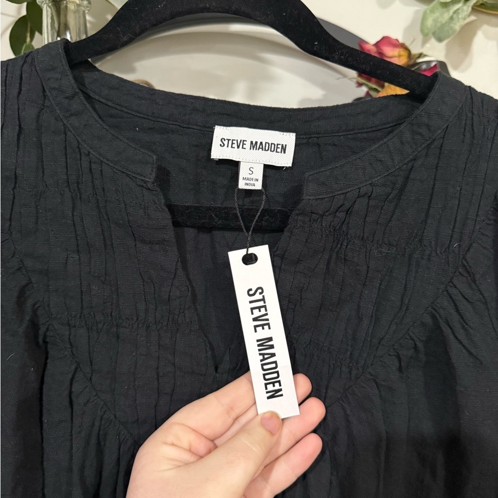 Steve Madden Black Boho Peasant Top | Flowy Cotton Blouse Size S NWT - Picture 4 of 7